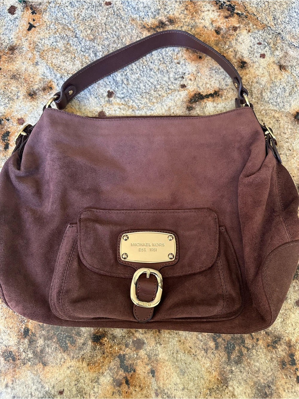 MICHAEL KORS Suede Shoulder Bag in Brown Suede with Gold Hardware